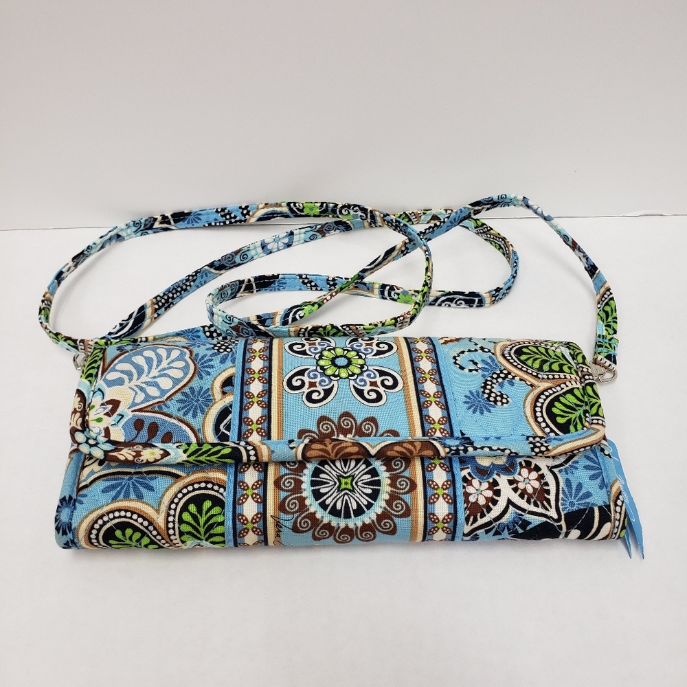 Vera Bradley Sleek Trifold Wallet Crossbody Detachable Strap in Bali Blue Brown